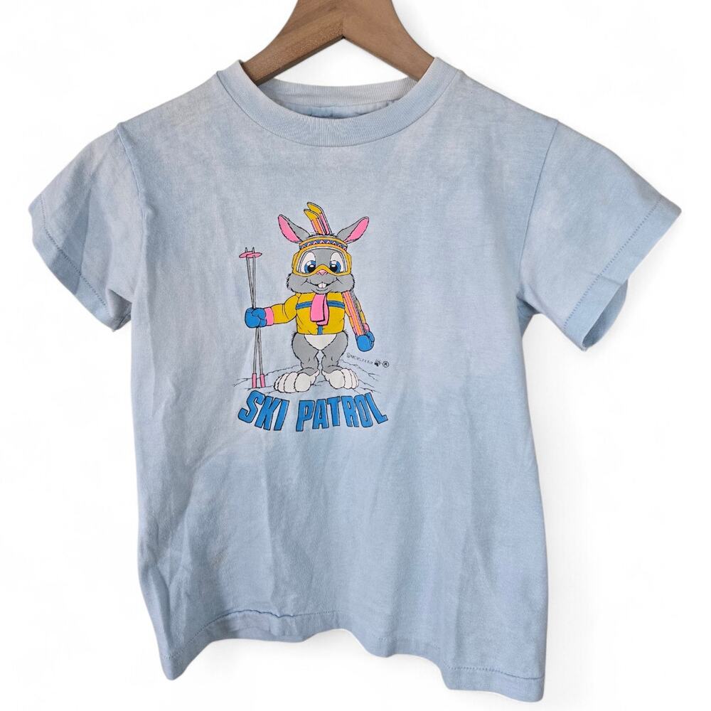 Vintage Kids Ski Patrol Bunny T Shirt Single Stitch USA Made Hanes Youth M